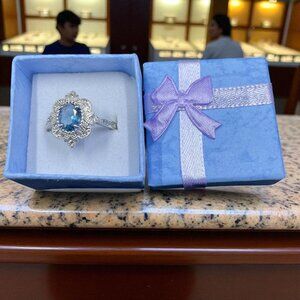 Blue Gemstone Halo Ring Retro Silver Tone Elegant Cocktail Jewelry Romantic Glam